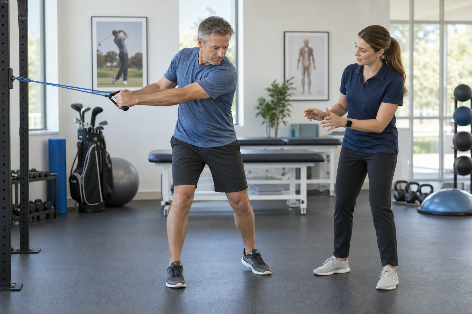 Golfer completing a rotational rehabilitation exercise with a physiotherapist