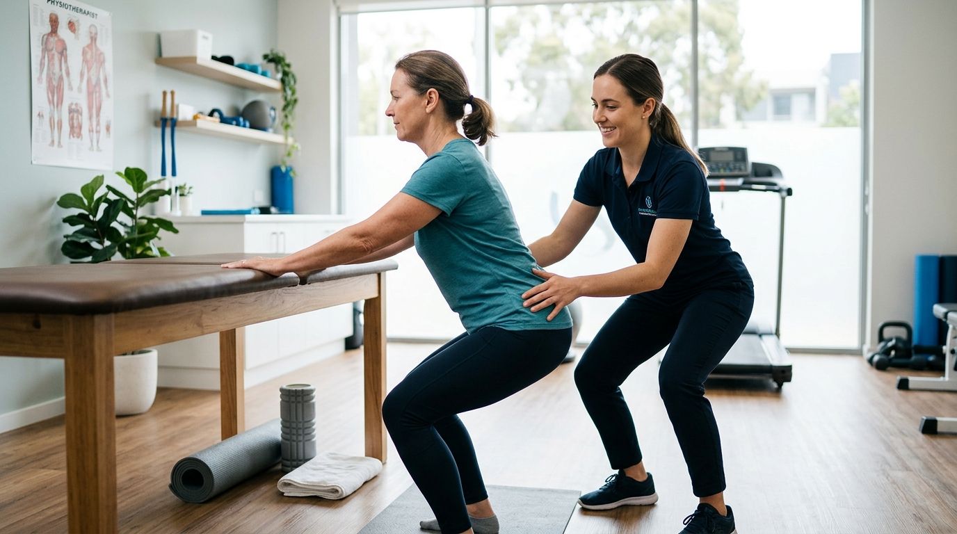 Physiotherapist guiding a patient through a strength exercise