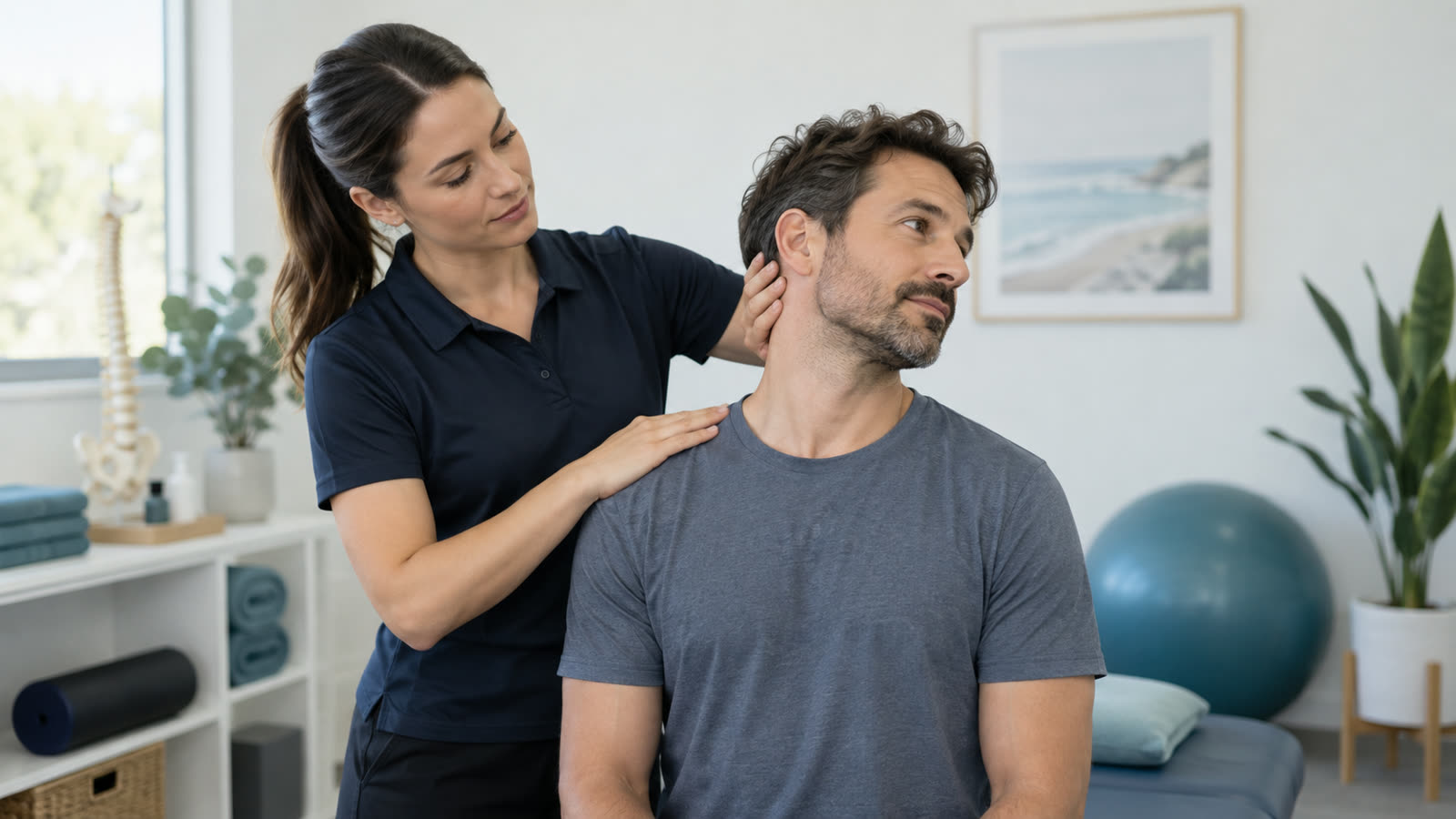Physiotherapist assessing a patient's neck and upper-shoulder movement