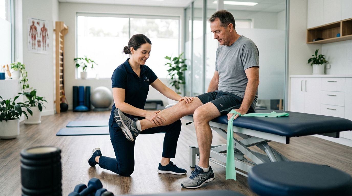 Physiotherapist guiding a seated patient through a supported knee rehabilitation exercise